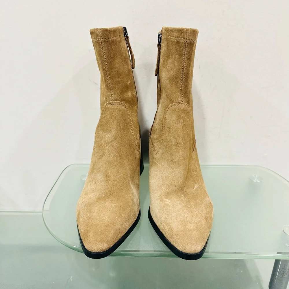 NWOT Zara Tan‎ Suede Ankle Boot  Block Heel  Bootie Pointed Toe 40 US 9 / 9.5
